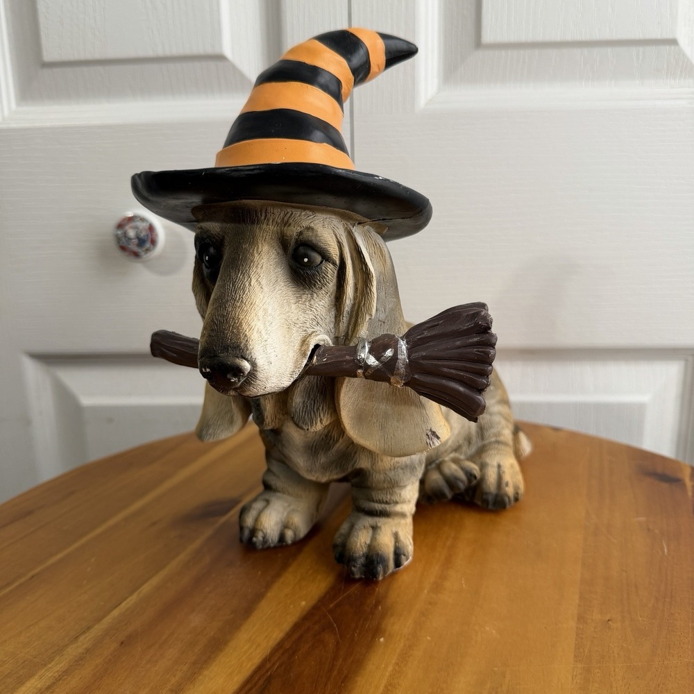 Halloween Basset Hound Dachshund Dog Witch Hat Broom Table Decor Indoor Outdoor